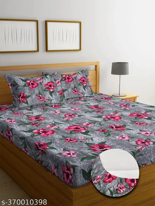 White cotton RD FABS HOME fitted bedsheets for king double (78x72+10), elastic, abstract print, 2 pillow covers
