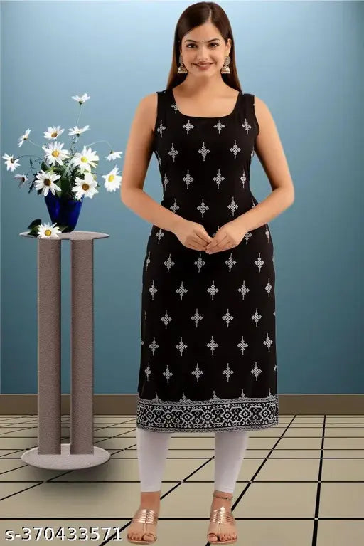 Black printed sleeveless kameez dress women's straight cut