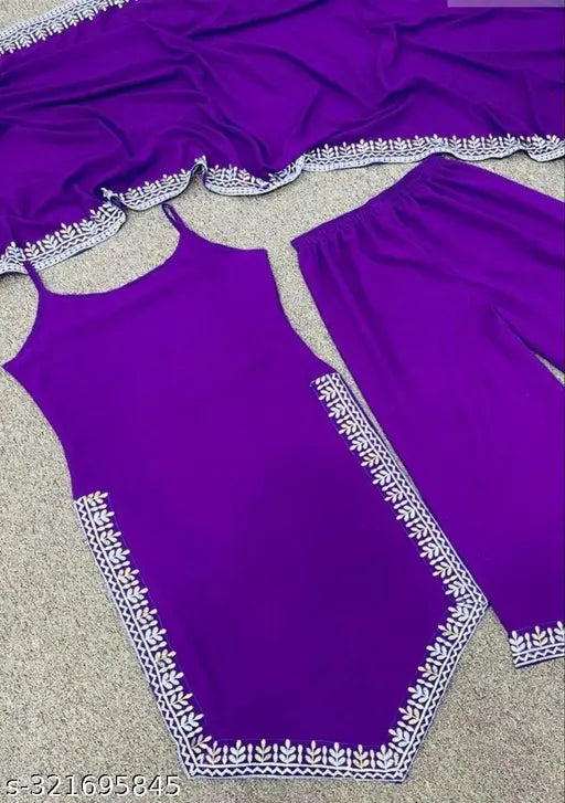Georgette embroidery dupatta set, sleeveless purple, Indian festive partywear with plazzo bottoms