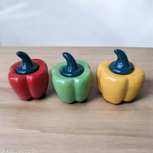 Multi-colored ceramic bell pepper jars, set of 3, each with a lid and labeled as "Madarks", 400ml capacity
