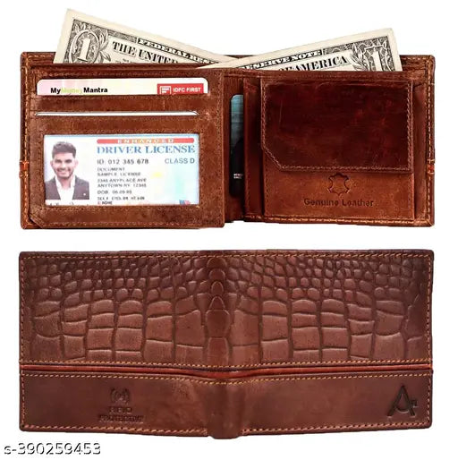Stylish leather trifold wallet for men, features RFID protection and vertical flap I.D zip pocket, premium buffalo leather with natural color variation