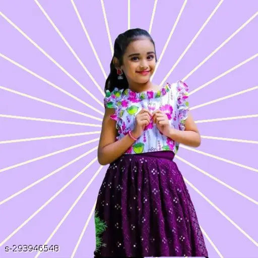 Kids baby girls classic new satin blouse and faux georgette lehenga set, printed with mirror work and digital print, enhanced with matching bangles and anklet. Indian ethnic wear for ages 2-14 years