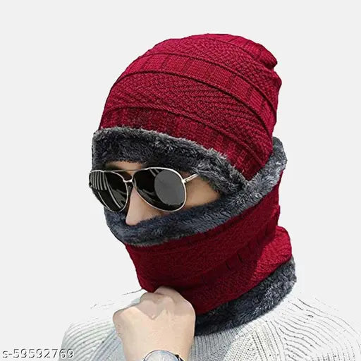 Maroon woolen beanie cap with neck warmer (scarf), premium quality snow proof for men and boys, soft fur fabric, embroidered net design, India origin