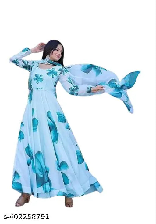 Women Floral Print Anarkali Gown (Sky Blue) |