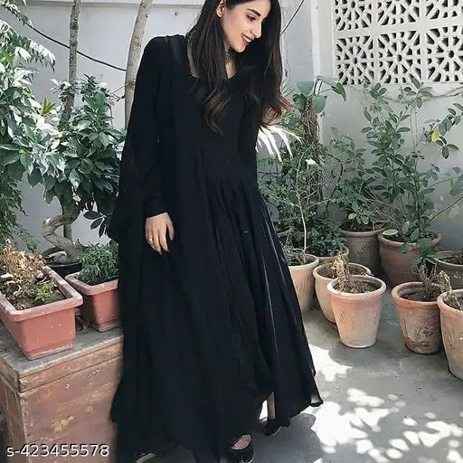 Elegant Solid Plain Black Dress Gown with Dupatta Set - Trendy Women's Fashion on Meesho || Solid Plain Black Dress Gown with Dupatta Set || new black dress || party wear black dress || black dress ||