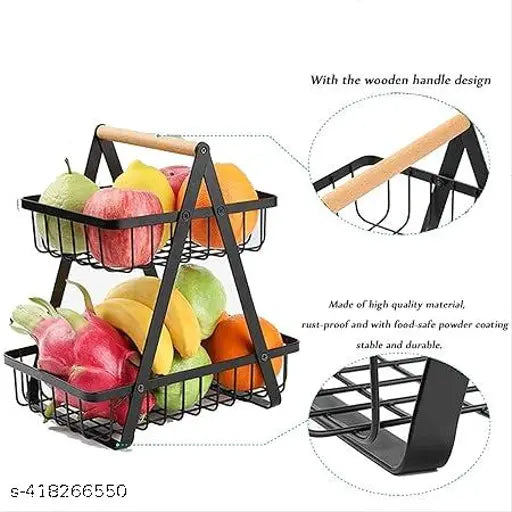 Black double layer kitchen fruit holder rack with wooden handle for home kitchens