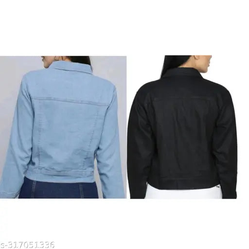 A collage featuring two women wearing blue denim jackets. The style is casual with a relaxed fit and long sleeves, suitable for girls or kids in various ages
