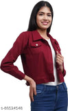 Maroon cotton blend denim jacket for women and girls, solid color with three-quarter sleeves on hanger
