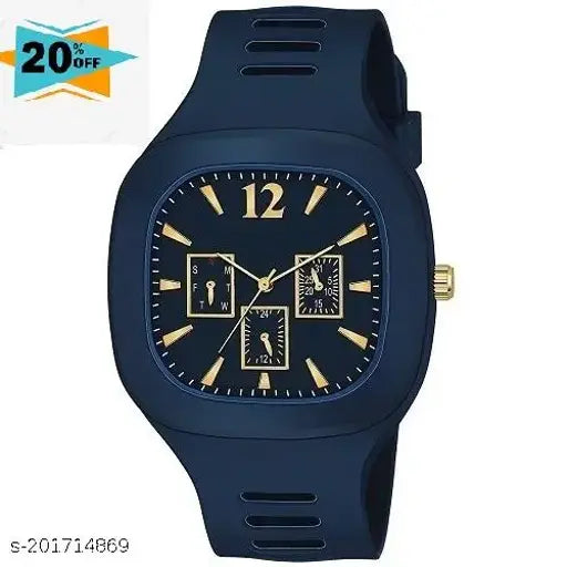 Black and gold analog watch with multiple dials, stylish design, silicone strap