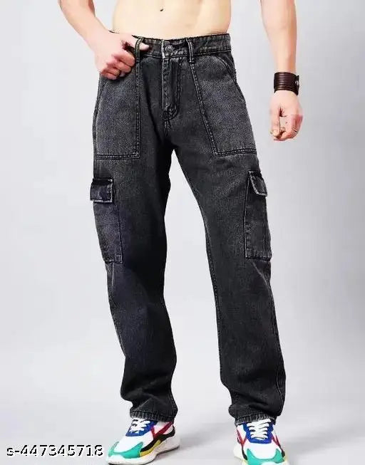 Black cotton men's 6-pocket denim jeans