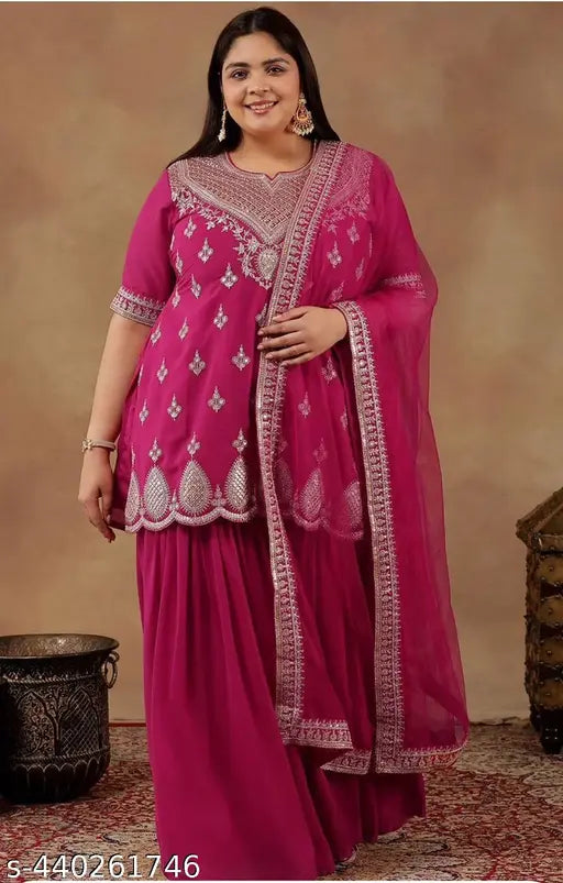 Pink embroidered kameez sharara set with dupatta, heavy border design