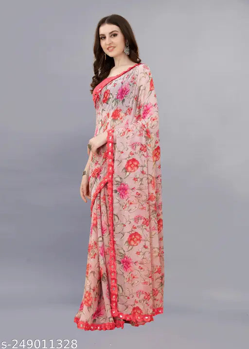 Floral georgette sari with matching blouse, festive wear for weddings and parties
