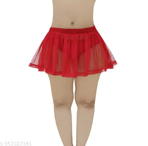 Red see-through mesh skirt with elastic waistband, short length, for women's leisure or clubwear