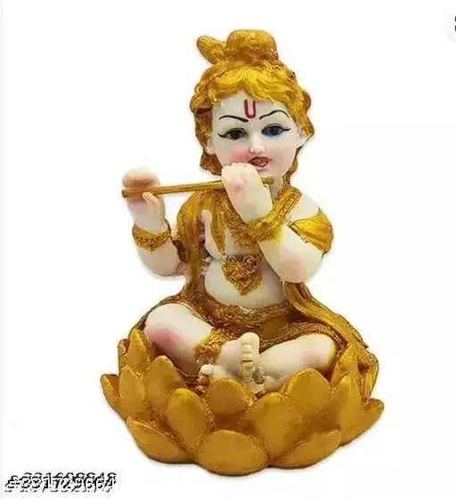 Hand-made poly resin Krishna Idol playing Murli, sitting on lotus, 13 CM - Indian decorative figurine for home or car dashboard