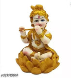 Hand-made poly resin Krishna Idol playing Murli, sitting on lotus, 13 CM - Indian decorative figurine for home or car dashboard