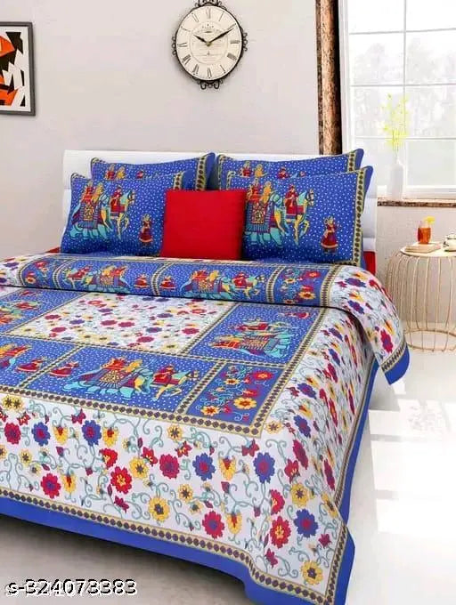 Designer Jaipuri printed cotton bedsheet with 2 pillow covers, floral pattern for summer, ideal for adults. High-quality flat sheets from India