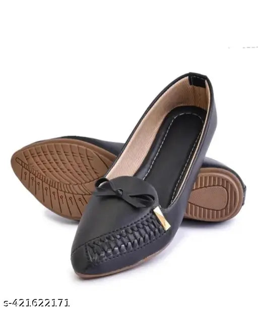 Brown bow adorns black unisex flats, women's fashion footwear