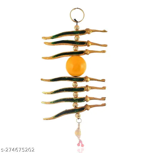 Metal Nimbu Mirch yellow decorative door hanging, removes negativity for Vastu/Feng Shui, Indian origin, 9cm x 22.5cm x 9cm