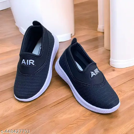 Black mesh sneakers for boys, featuring lace-up fastening and stylish printed designs. Comfortable EVA sole and cushioned insole for all-day wear. Perfect for casual shoes, party wear, or special occasions