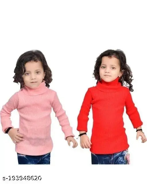 Pink & Red striped wool high neck skivvy for kids, warm and moisture-wicking classic trendy design