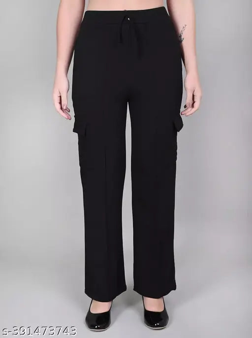 Solid cotton blend fancy cargo pants for women, high waist with bow tie design, functional pockets