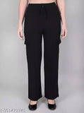 Solid cotton blend fancy cargo pants for women, high waist with bow tie design, functional pockets