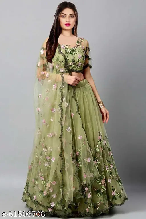 Women's silk semi-stitched lehenga choli with embroidered net dupatta, Indian bridal wear for unstitched customization (42in waist, 42in length)