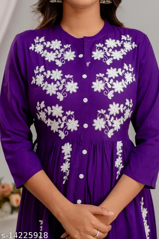 Violet Rayon Chikankari Anarkali Kurti, three-quarter sleeves, Indian embroidered festive wear for women