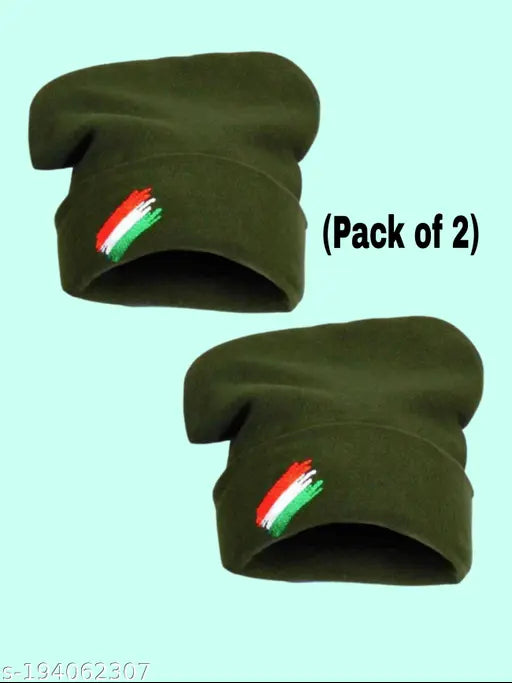 Army Flag winter cap, woolen solid-pattern cap (2pcs), handcrafted in India