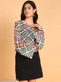 Multicolored cotton blend crop top, geometric print, round neck, long sleeves, Fashfun women's fashion