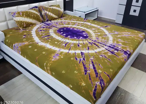 Olive and Purple cotton tie-dye Rajasthani double flat sheet, abstract pattern, two matching pillow covers for summer adult use