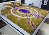 Olive and Purple cotton tie-dye Rajasthani double flat sheet, abstract pattern, two matching pillow covers for summer adult use