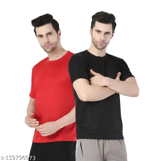 Black and red polyester active partywear t-shirts combo for men, breathable round neck design