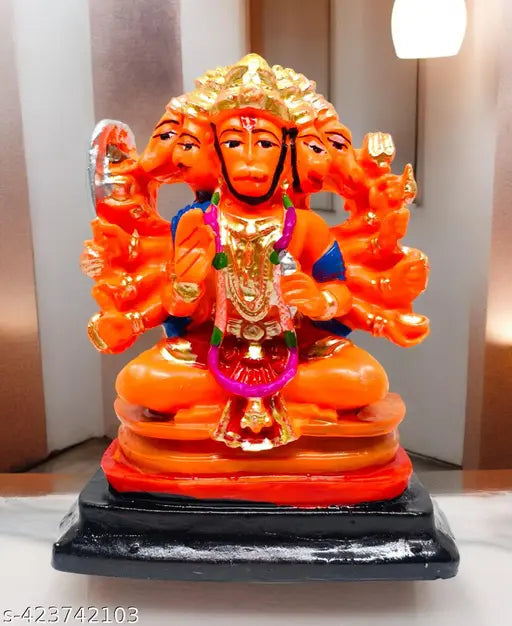 Panch mukhi Hanuman Ji Ki idol in blessing posture, seated with gada, religious decor item for home or vehicle