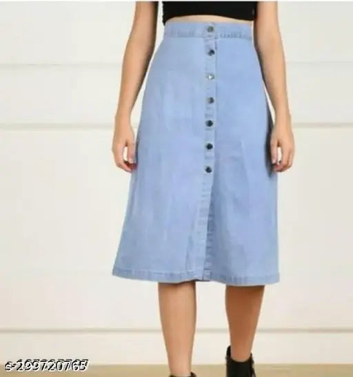 Women's light blue denim skirt with black buttons
