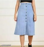 Women's light blue denim skirt with black buttons