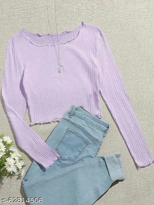 Lavender Lycra full sleeve crop top, long-sleeved solid color on hanger