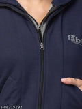 Dark blue cotton blend fleece jacket with double zipper, perfect for women's fashion and Indian trends