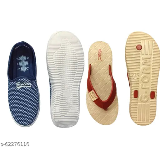 Blue white mesh sneakers combo, lightweight women's casual shoes & cream slippers (pack of 2), foot-friendly printed design