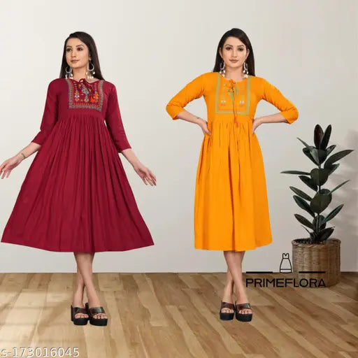 Rayon three-quarter sleeve kurti combo, solid pattern Indian designer ethnic wear for functions, receptions, weddings, parties
