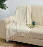 Beige cotton throw with fringe, for sofa or bed