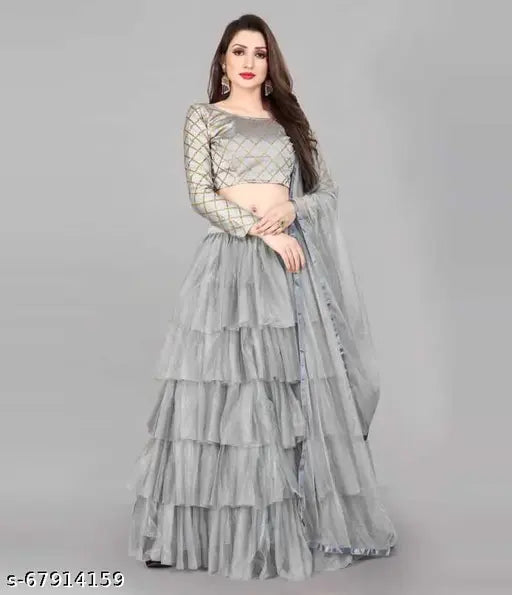 Silk blend and net Aakarsha Sensational women's lehenga set with lace dupatta, free size (waist 34 in, length 44 in)