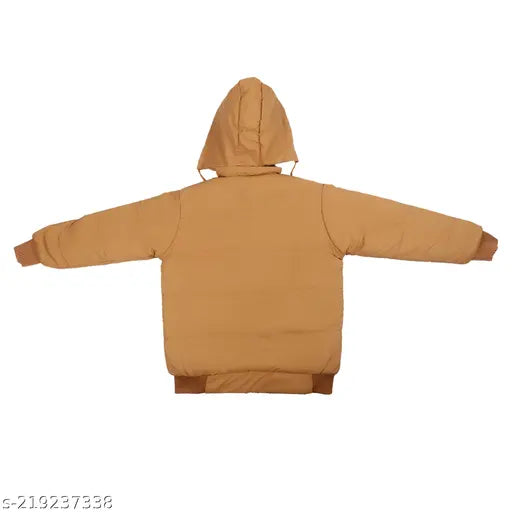 Fashionable long-sleeved winter jacket for kids with a comfortable cap and two front pockets, featuring a zip closure