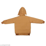 Fashionable long-sleeved winter jacket for kids with a comfortable cap and two front pockets, featuring a zip closure
