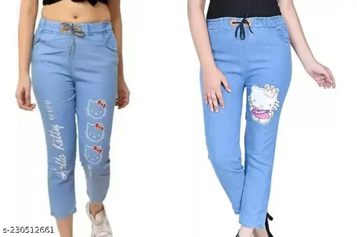 Designer denim printed jeggings for women, size 24-30, made in India on model for visual context