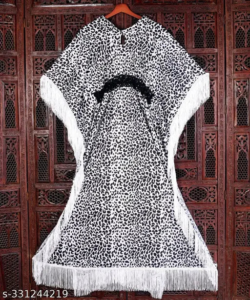 White leopard print frilled maxi dress, lightweight fabric, fashionable design.