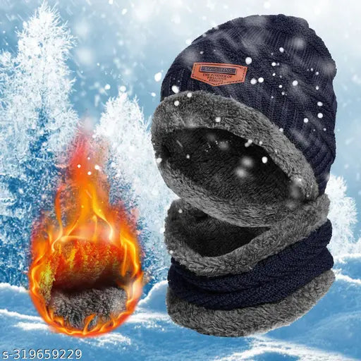 Black beanie hat with neck warmer and fireball design in background