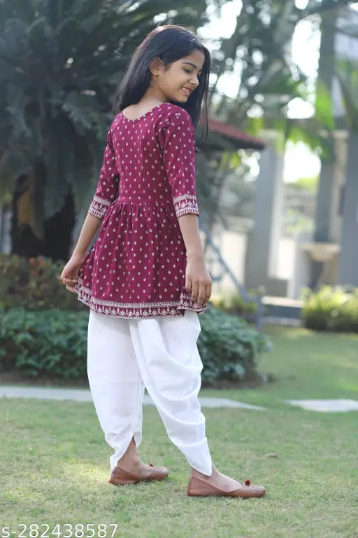 Pretty Funky Girls Rayon Kurta Suit Set: White floral printed top with round neck and three-quarter sleeves, blue solid trousers in 12-13 years size