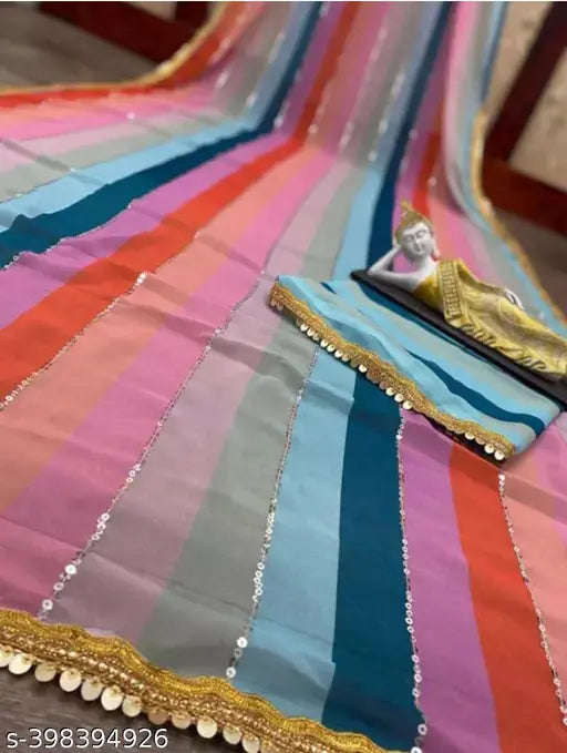 Colorful, multi-colored, lehenga style saree with georgette fabric, rainbow lace border