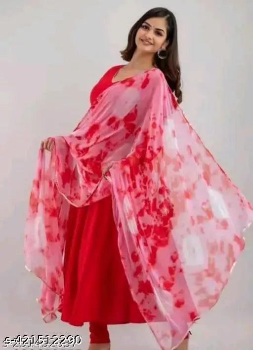 Women's anarkali flared kurta with dupatta, red, pink, long-length, traditional attire